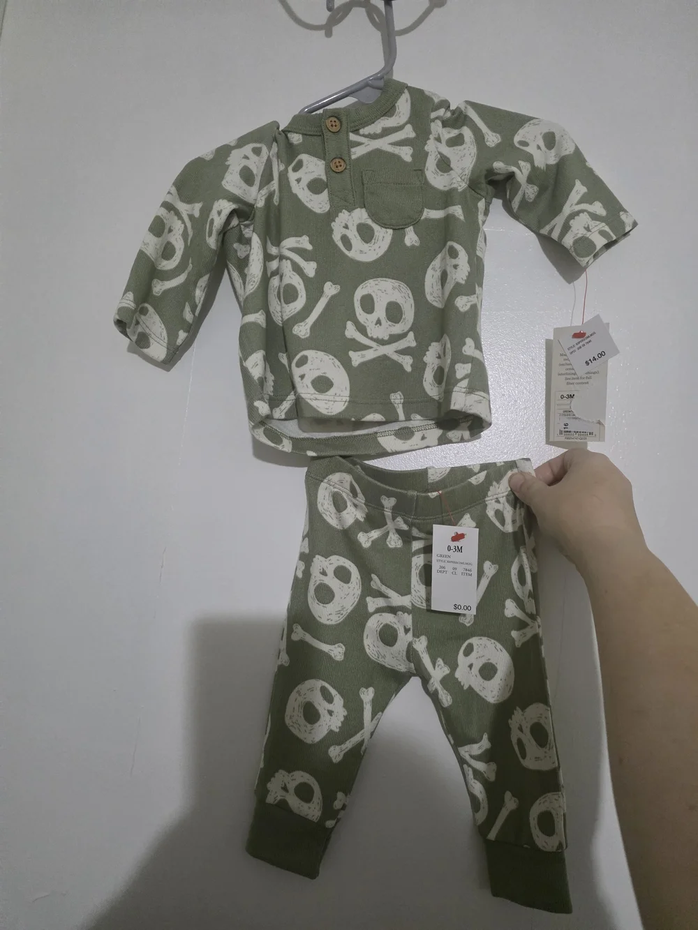 Kids Olive Green Skull Print One-Piece Set 3m